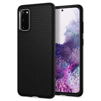 ACS00791 Liquid Air Matte Black Case back design and a front view of the edge around the Galaxy S20 device.